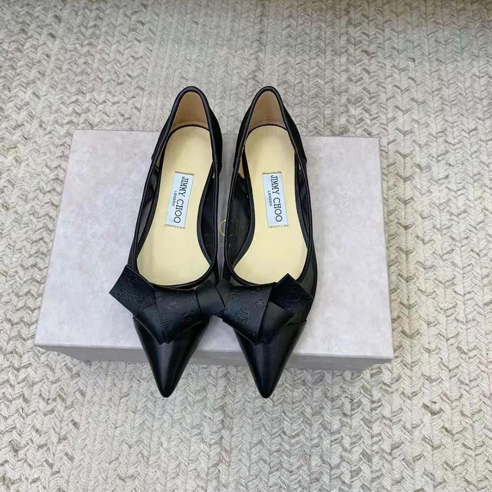 Jimmy Choo Lani Flat Black Mesh Flats with JC Monogram Leather Bow for Women Jimmy Choo Lani Flat Black Mesh Flats with JC Monogram Leather Bow for Women