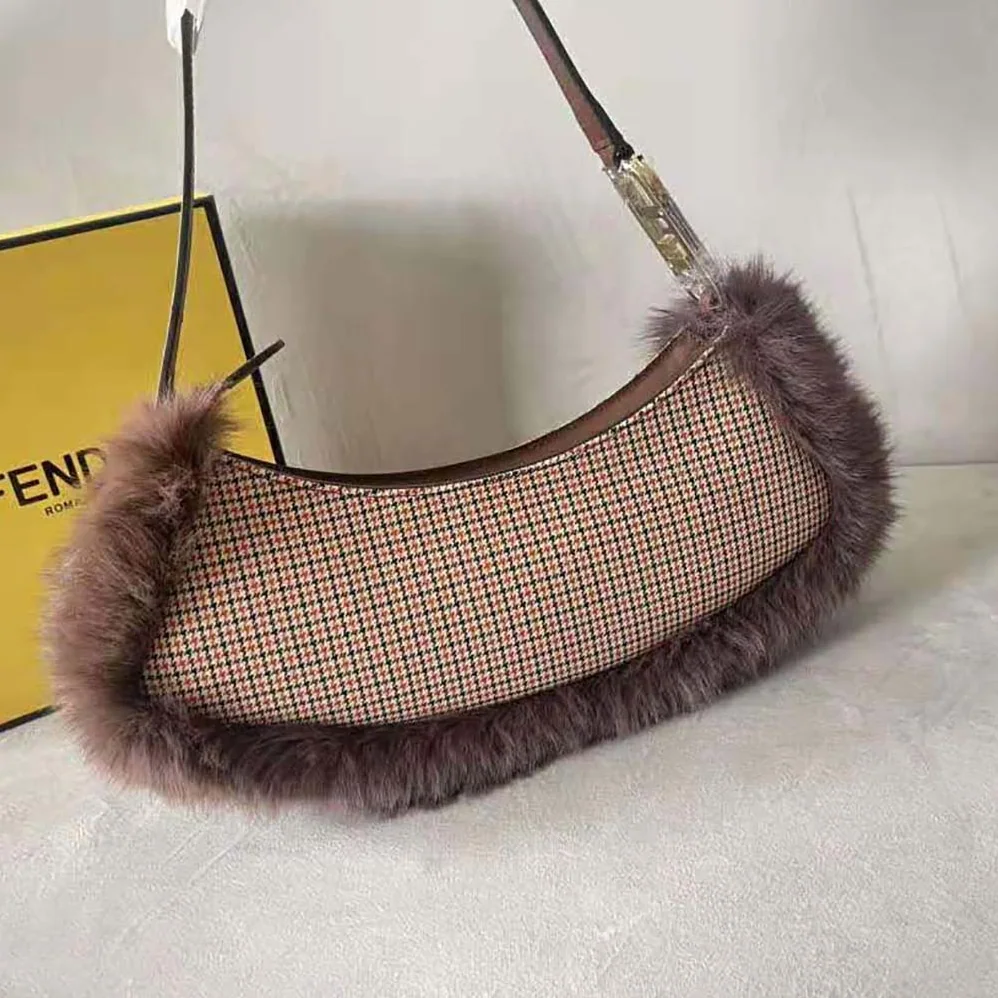 Fendi O'Lock Swing Brown Houndstooth Wool and Fox Fur Pouch for Women Fendi O'Lock Swing Brown Houndstooth Wool and Fox Fur Pouch for Women