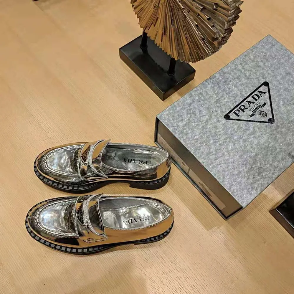 Prada Metallic Leather Loafers for Women in Silver Prada Metallic Leather Loafers for Women in Silver