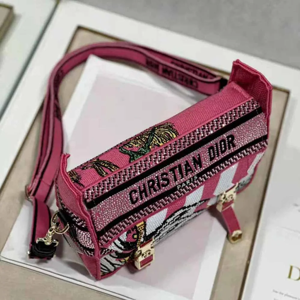 Dior Small Diorcamp Bag Pink Multicolor Toile de Jouy Zoom Technical Canvas with Strass for Women