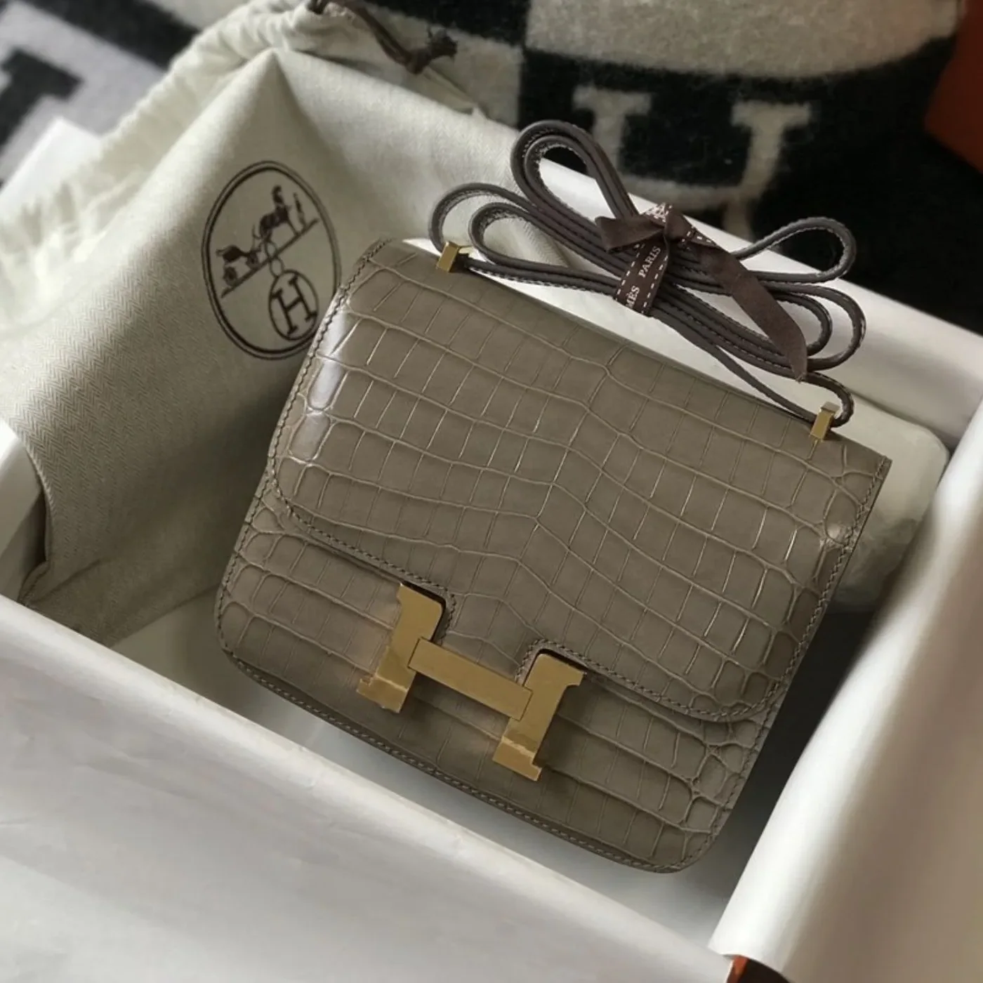 Hermes Mini Constance Bag Grey Gold Color Hardware /