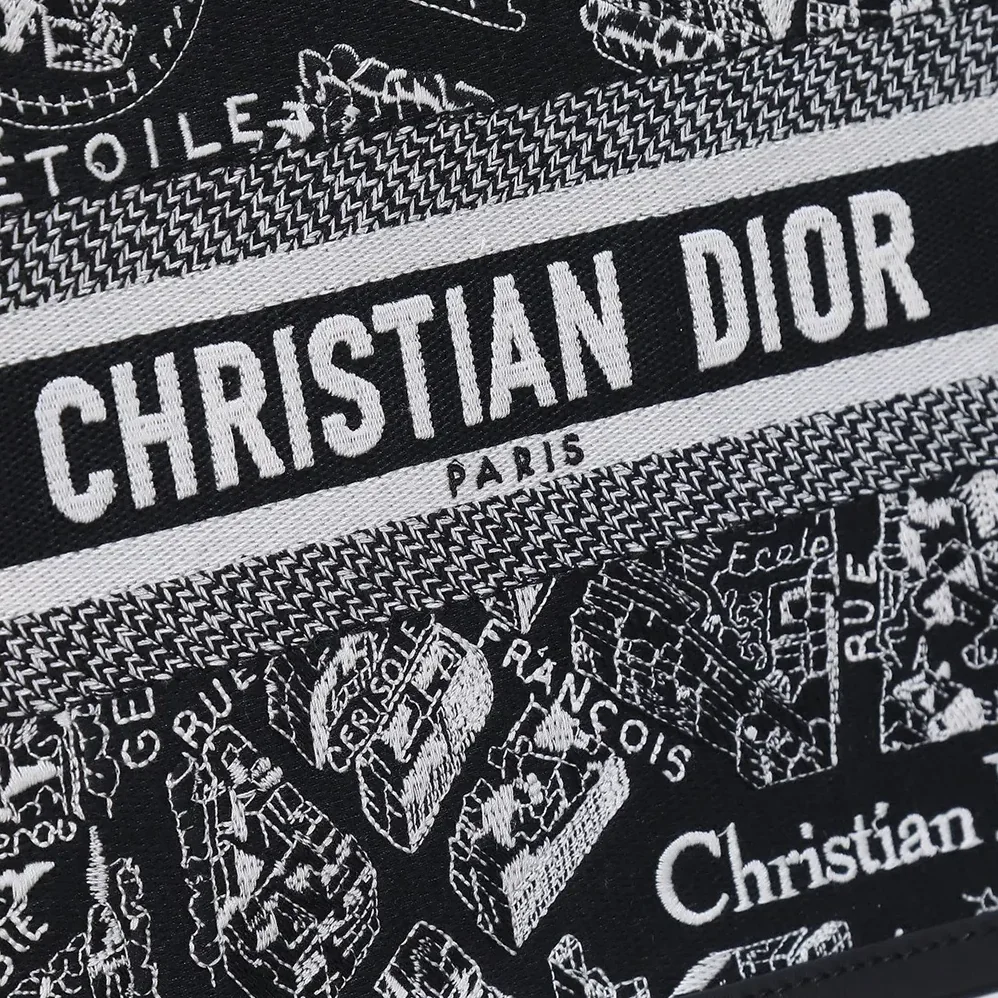 Dior Small Dior Book Tote Black and White Plan de Paris Embroidery with Black Calfskin for Women