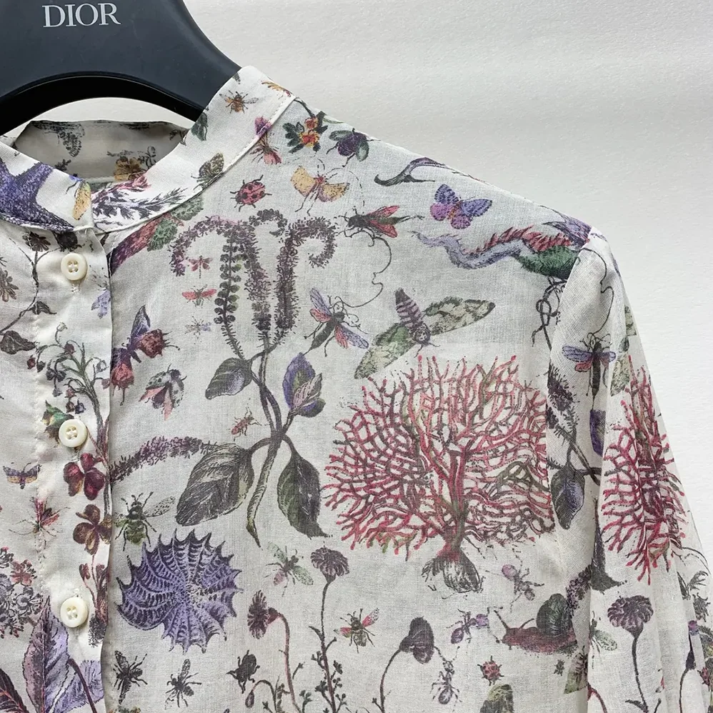 Dior Long Blouse White Cotton Muslin with Multicolor Dior Cabinet de Curiosités Motif for Women