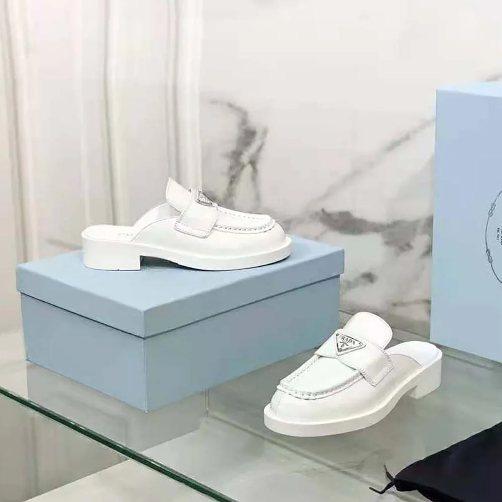 Prada Chocolate Brushed Leather Mules for Women in White Prada Chocolate Brushed Leather Mules for Women in White