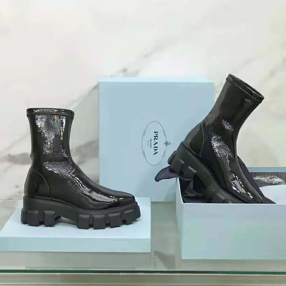 Prada Monolith Pointy Technical Patent Leather Booties for Women Prada Monolith Pointy Technical Patent Leather Booties for Women