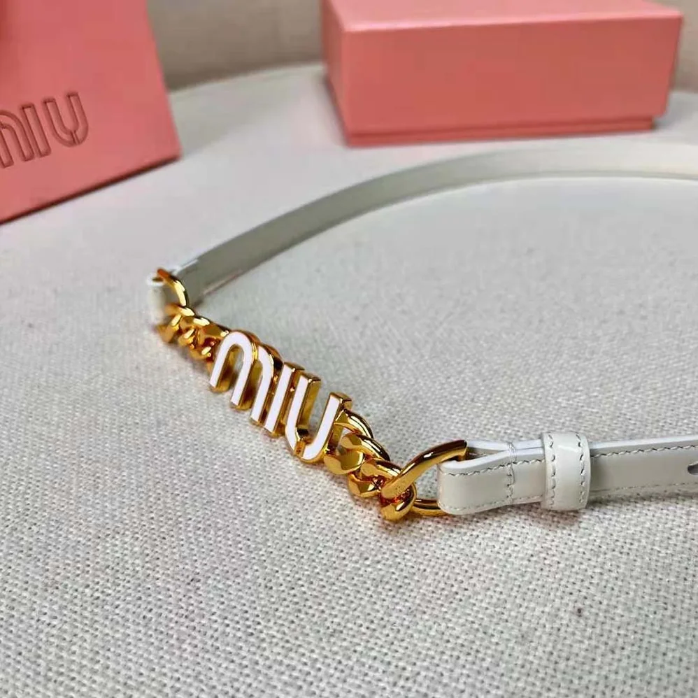 Miu Miu Brushed Leather Belt with Logo for Women in White