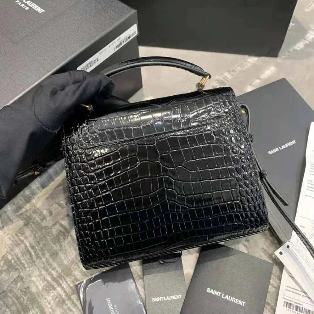 Saint Laurent YSL Cassandra Mini Top Handle Bag in Crocodile-Embossed Shiny Leather for Women in Black