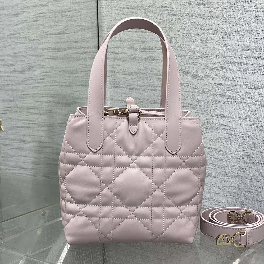 Dior Small Dior Toujours Vertical Tote Bag Pale Pink Macrocannage Calfskin for Women
