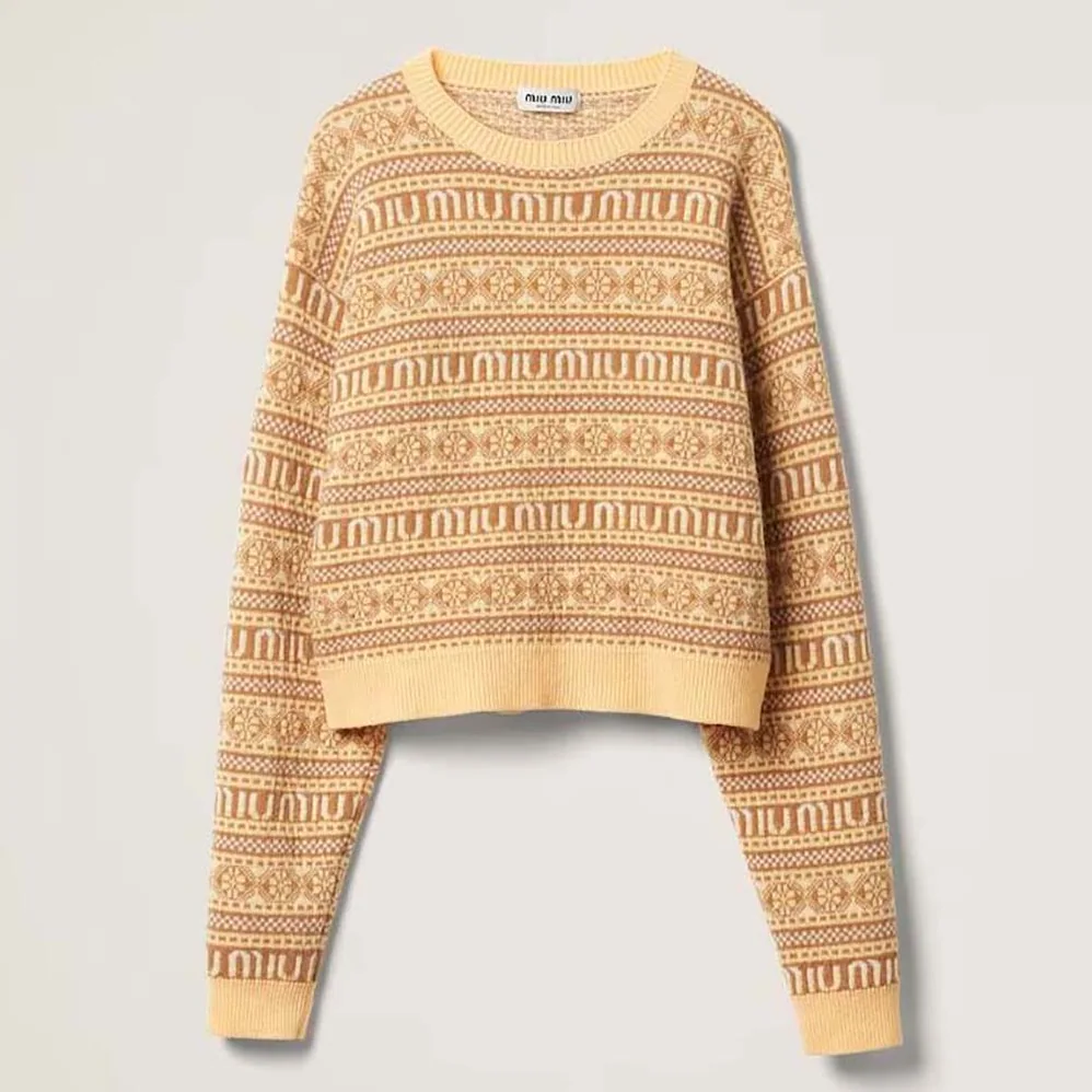 Miu Miu Wool Sweater with Jacquard Logo for Women in Yellow