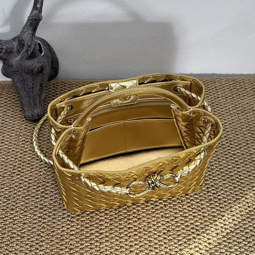 Bottega Veneta Small Andiamo Handle Bag in Intrecciato Leather for Women in Gold