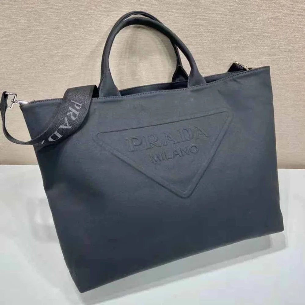 Prada Canvas Tote Bag with Contemporary Take on Classic Beach Designs for Women in Black Prada Canvas Tote Bag with Contemporary Take on Classic Beach Designs for Women in Black