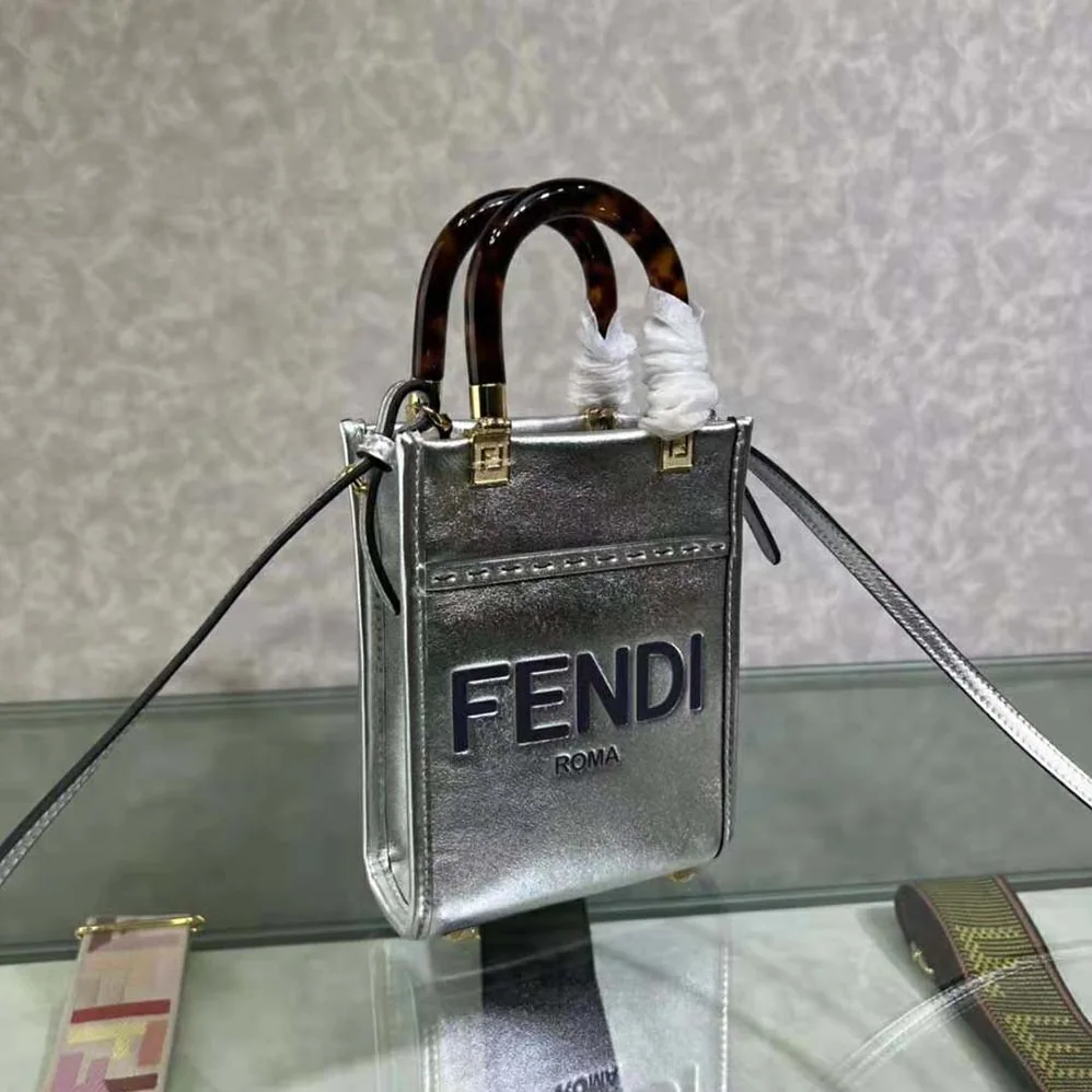 Fendi Mini Sunshine Shopper Silver Laminated Leather Shopper for Women Fendi Mini Sunshine Shopper Silver Laminated Leather Shopper for Women