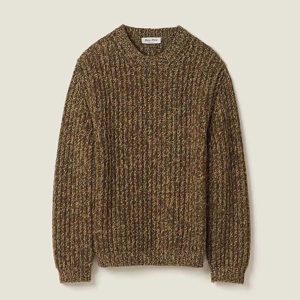 Miu Miu Wool and Cashmere Sweater with Knit Logo Patch for Women in Green Miu Miu Wool and Cashmere Sweater with Knit Logo Patch for Women in Green