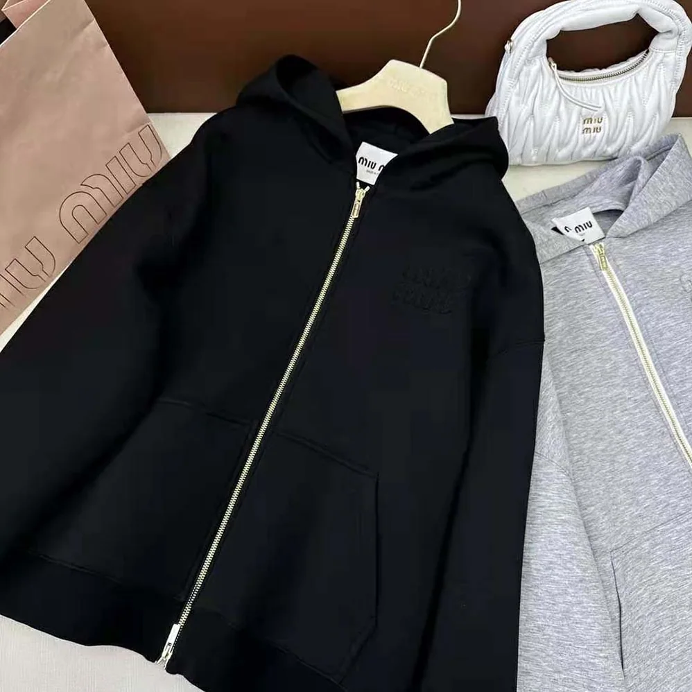 Miu Miu Cotton Hoodie with Embroidered Logo for Women in Black