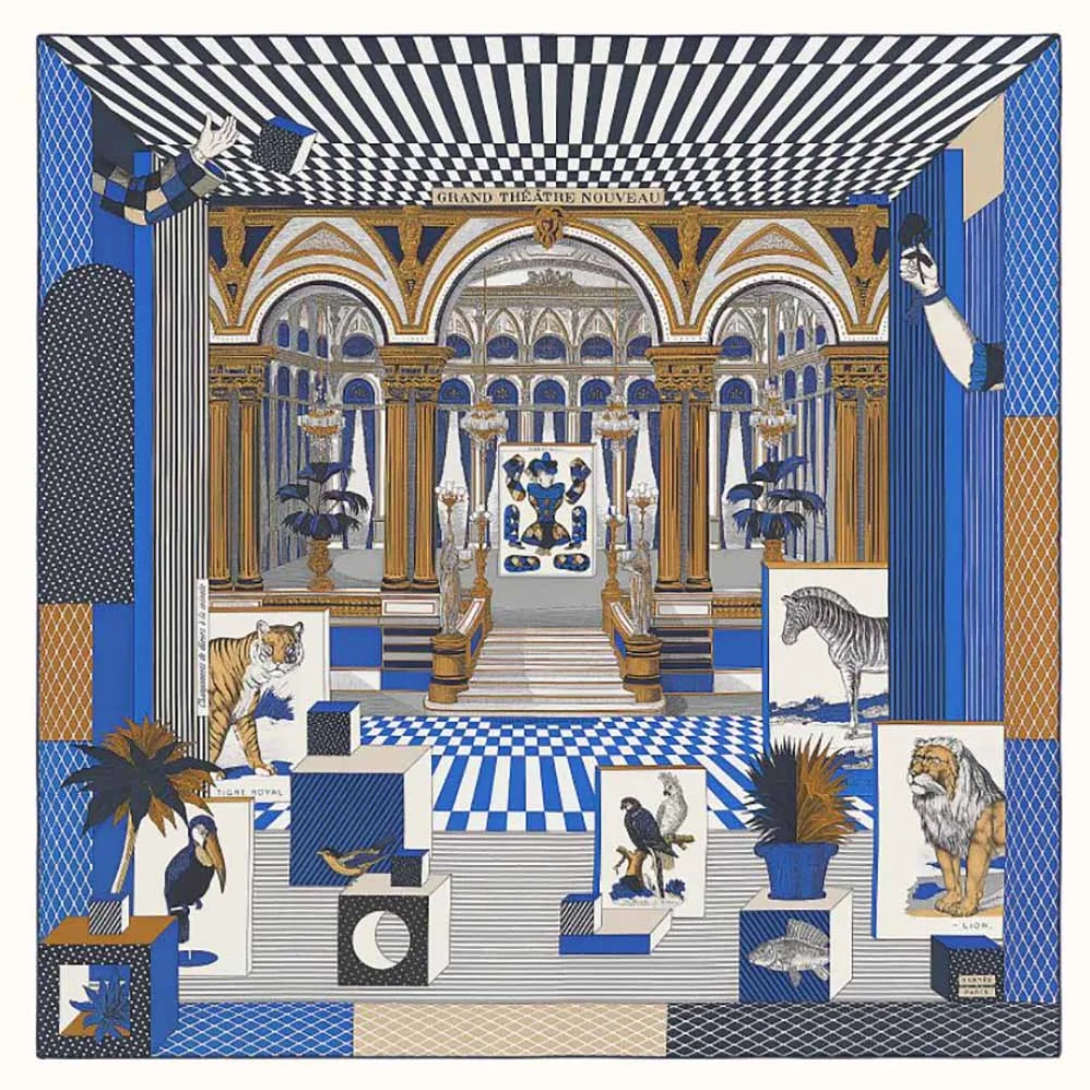 Hermes Grand Theatre Nouveau Scarf 90 in Silk Twill for Women in Navy Hermes Grand Theatre Nouveau Scarf 90 in Silk Twill for Women in Navy
