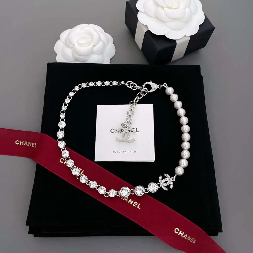 Chanel Half Bead Choker Necklace Silver Chanel Half Bead Choker Necklace Silver