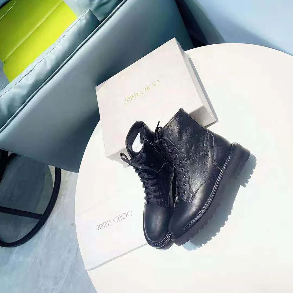 Jimmy Choo Cora Flat Black JC Monogram Leather Mix Combat Boots for Women