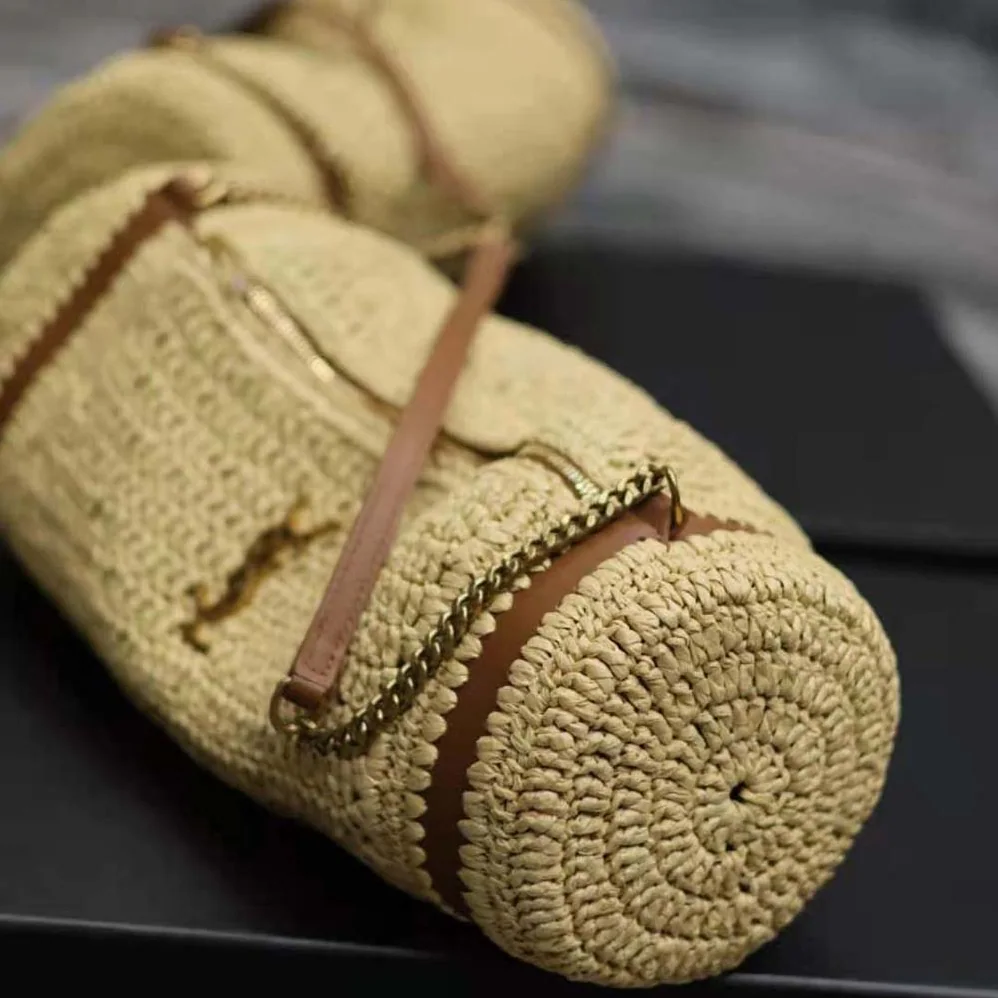 Saint Laurent YSL Cassandre Small Cylindric Bag in Raffia and Vegetable for Women in tanned Leather Saint Laurent YSL Cassandre Small Cylindric Bag in Raffia and Vegetable for Women in tanned Leather