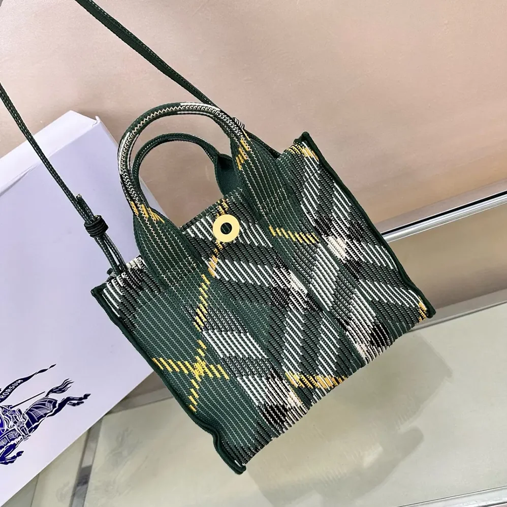 Burberry Mini Check Knitted Tote for Women in Green Burberry Mini Check Knitted Tote for Women in Green