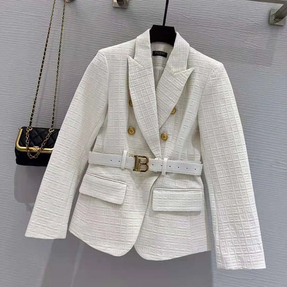 Balmain Double-Breasted Cotton Blazer with Balmain Buckle for Women in White