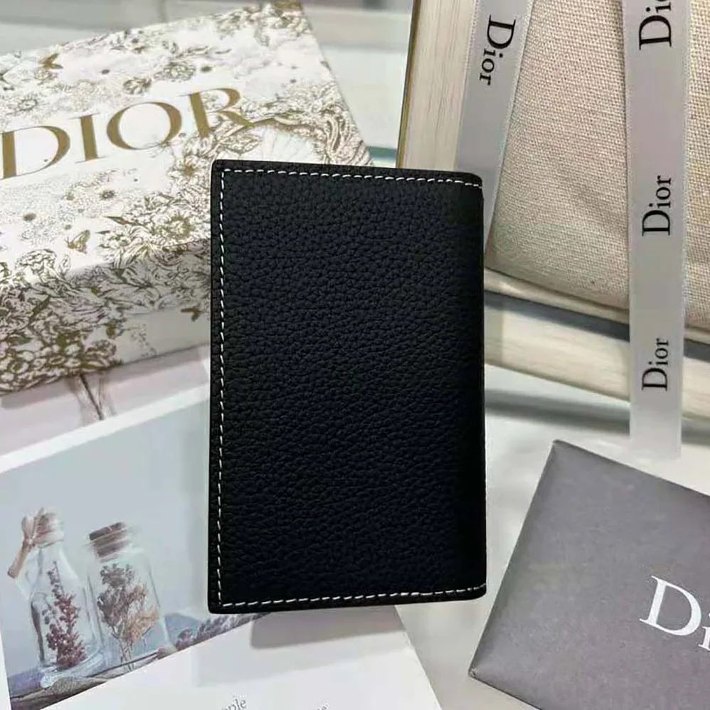 Dior Saddle Bi-fold Card Holder Black Grained Calfskin Leather Marquetry for Men Dior Saddle Bi-fold Card Holder Black Grained Calfskin Leather Marquetry for Men