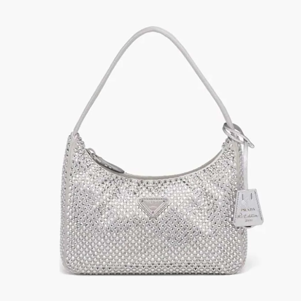Prada Satin Mini-Bag with Artificial Crystals for Women in Silver