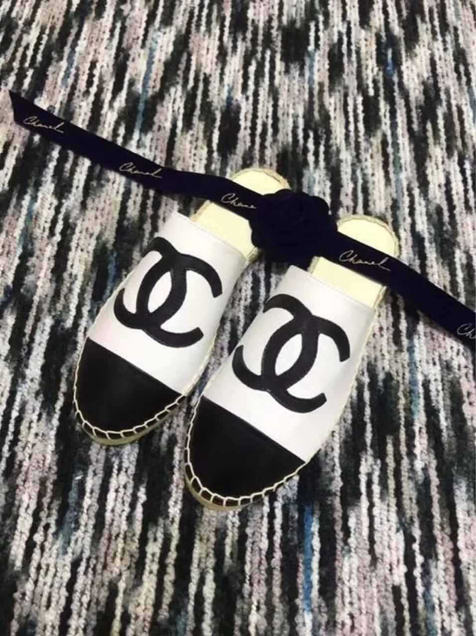 Chanel Mule Espadrille Slides White/Black , Shoes Chanel Mule Espadrille Slides White/Black , Shoes