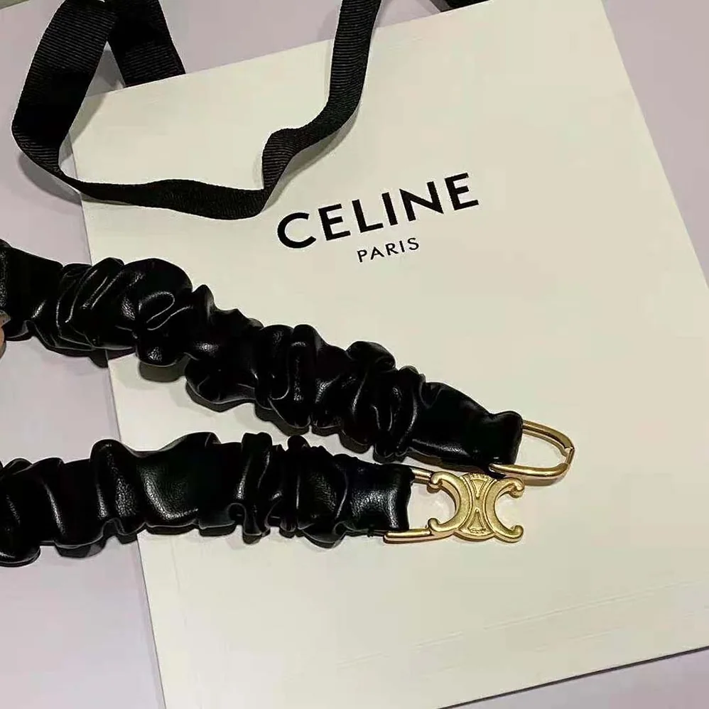 Celine Small Triomphe Scrunchy Belt in Lambskin for Women in Black