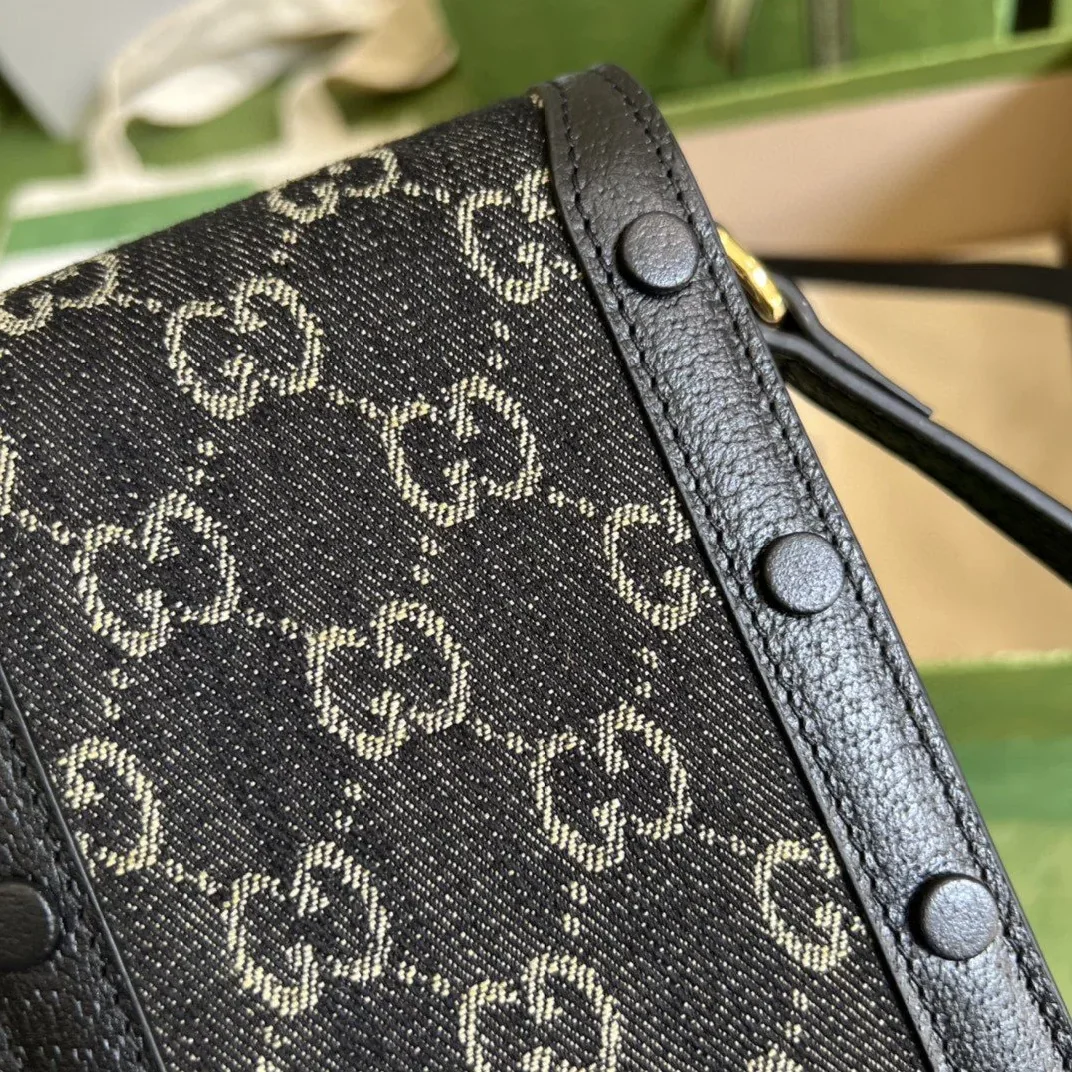 Gucci Horsebit 1955 Mini Bag Black And Ivory GG Denim Jacquard /