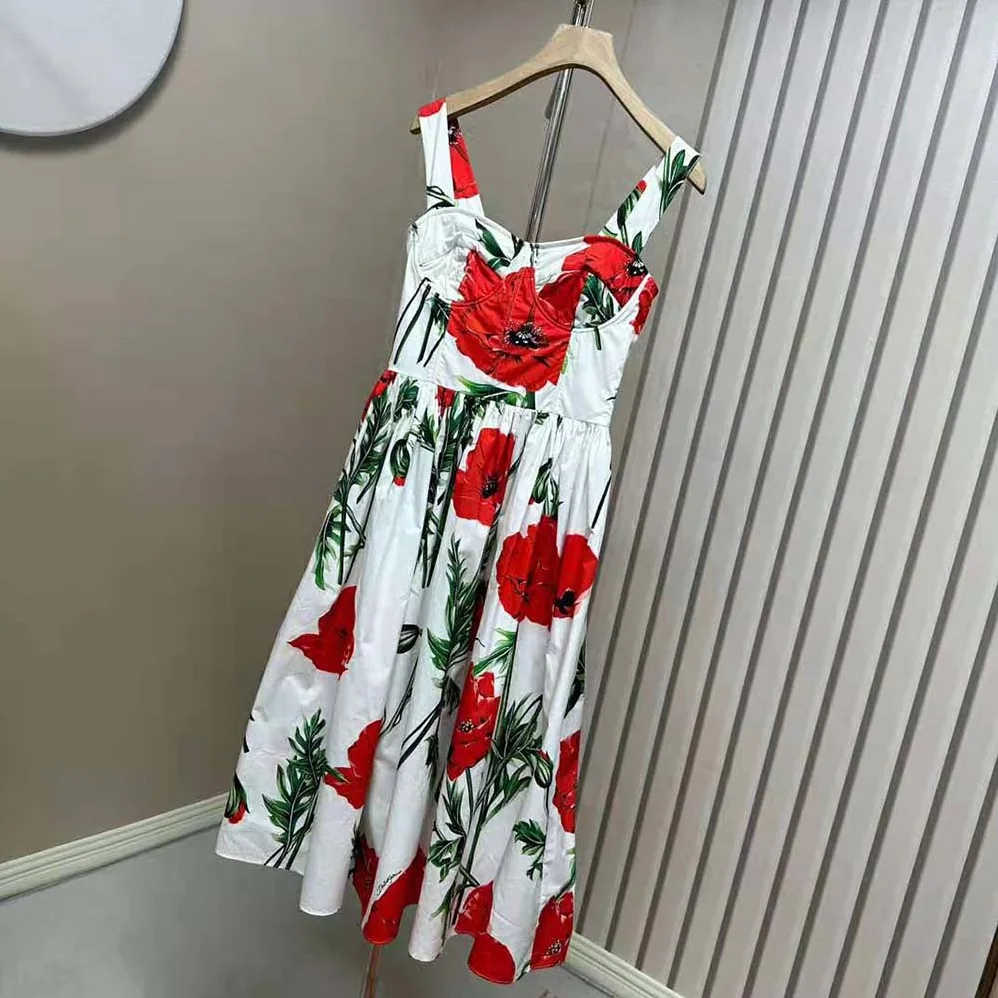 Dolce Gabbana D&G Poppy-Print Poplin Dress with Circle Skirt for Women
