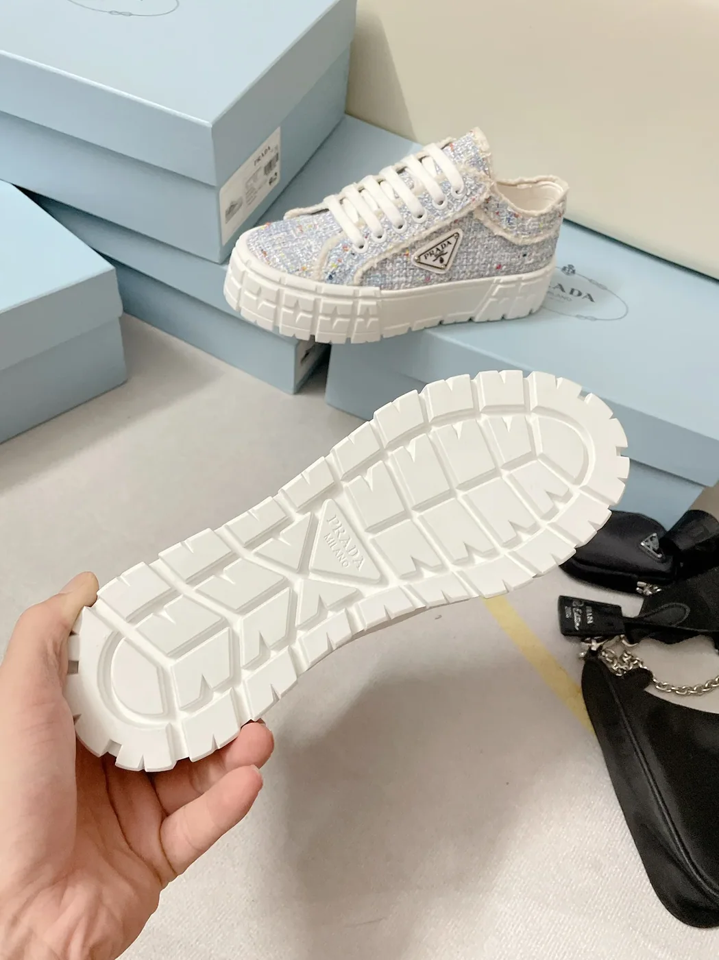 Prada Double Wheel Gabardine Sneakers Light Blue in PRD
