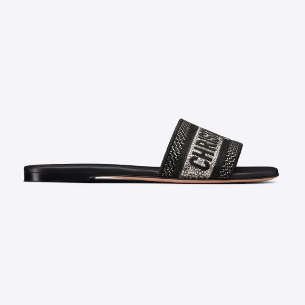 Dior Dway Slide Black Cotton Embroidery with Metallic Thread and Silver for Women in Tone Strass