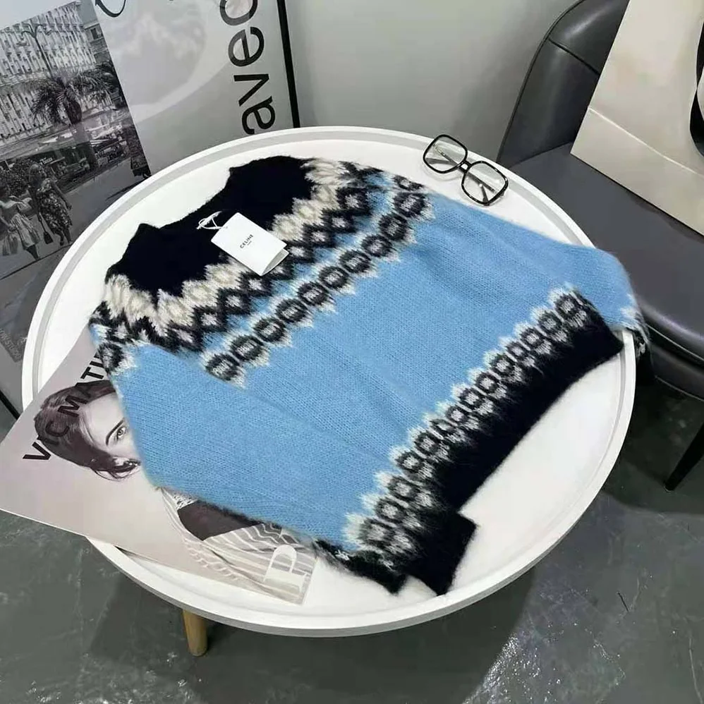 Celine Brushed Wool Crew-Neck Sweater with Fair Isle Detail for Women Celine Brushed Wool Crew-Neck Sweater with Fair Isle Detail for Women