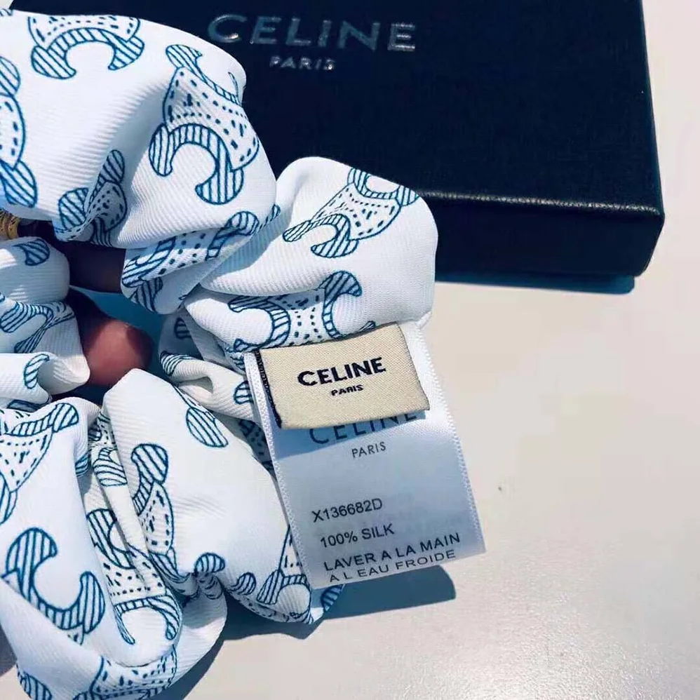 Celine Scrunchy Celine Triomphe Toile De Jouy Bracelet in Brass with Gold Finish and White and Navy Silk for Women Celine Scrunchy Celine Triomphe Toile De Jouy Bracelet in Brass with Gold Finish and White and Navy Silk for Women