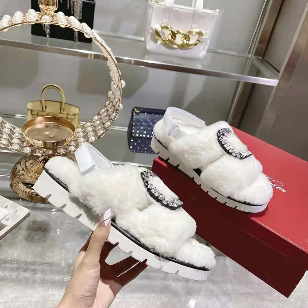 Roger Vivier Viv' Winter Fur Strass Buckle Sandals in Sheepskin for Women in White