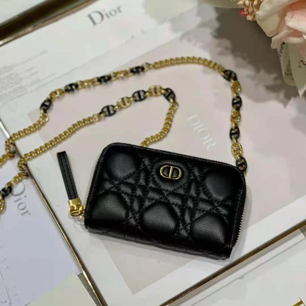 Dior Caro Detachable Card Holder Black Supple Cannage Calfskin for Women