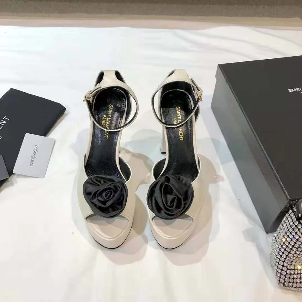 Saint Laurent YSL Jodie Platform Sandals in Smooth Leather with Silk Satin Flower for Women in White