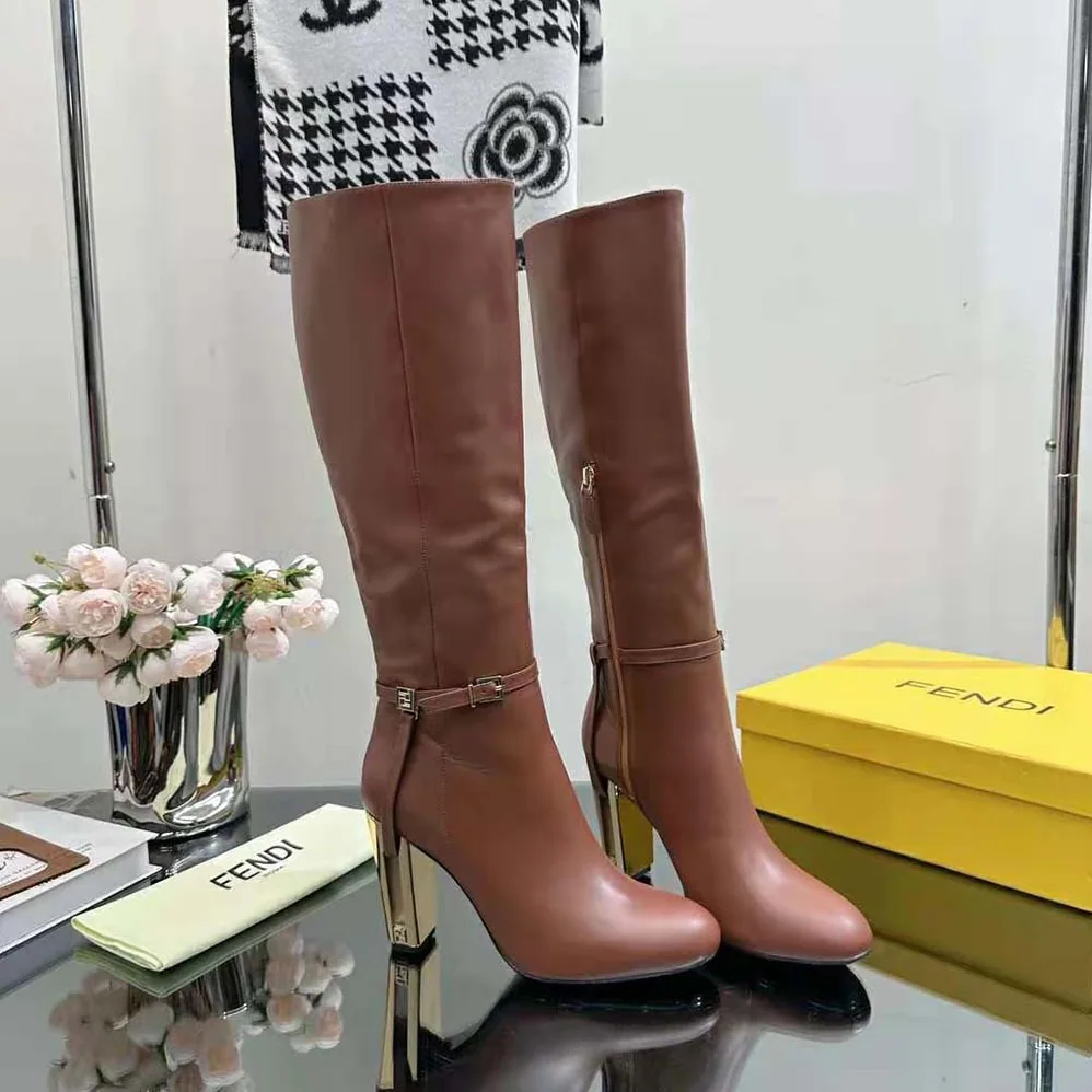 Fendi Delfina Leather High-heeled Boots for Women in Brown Fendi Delfina Leather High-heeled Boots for Women in Brown