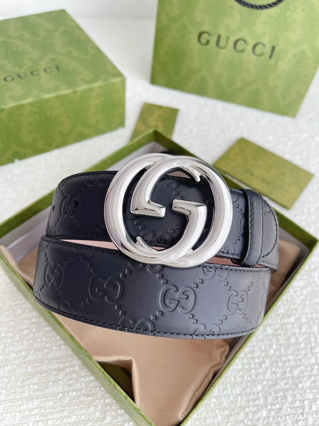 Gucci GG Marmont Embossed Monogram Belt Black With Gold in Toned Buckle