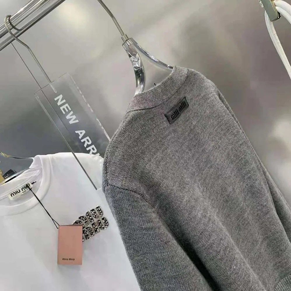 Miu Miu Cashmere Cardigan with Knit Logo Patch for Women in Gray
