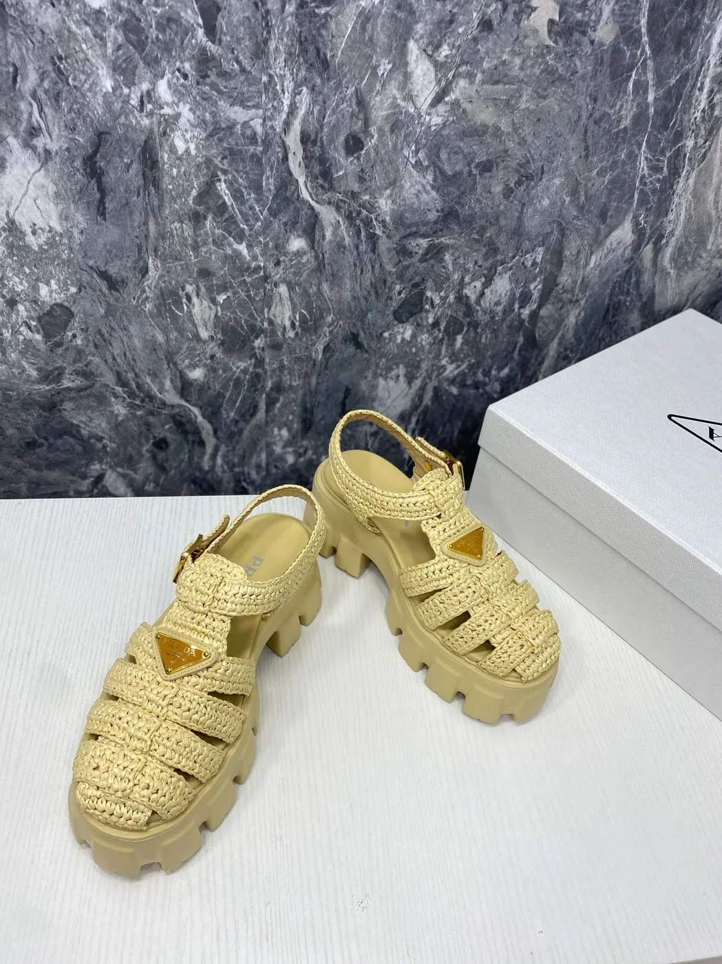 Prada Monolith Crochet Cage Sandals Yellow Prada Monolith Crochet Cage Sandals Yellow