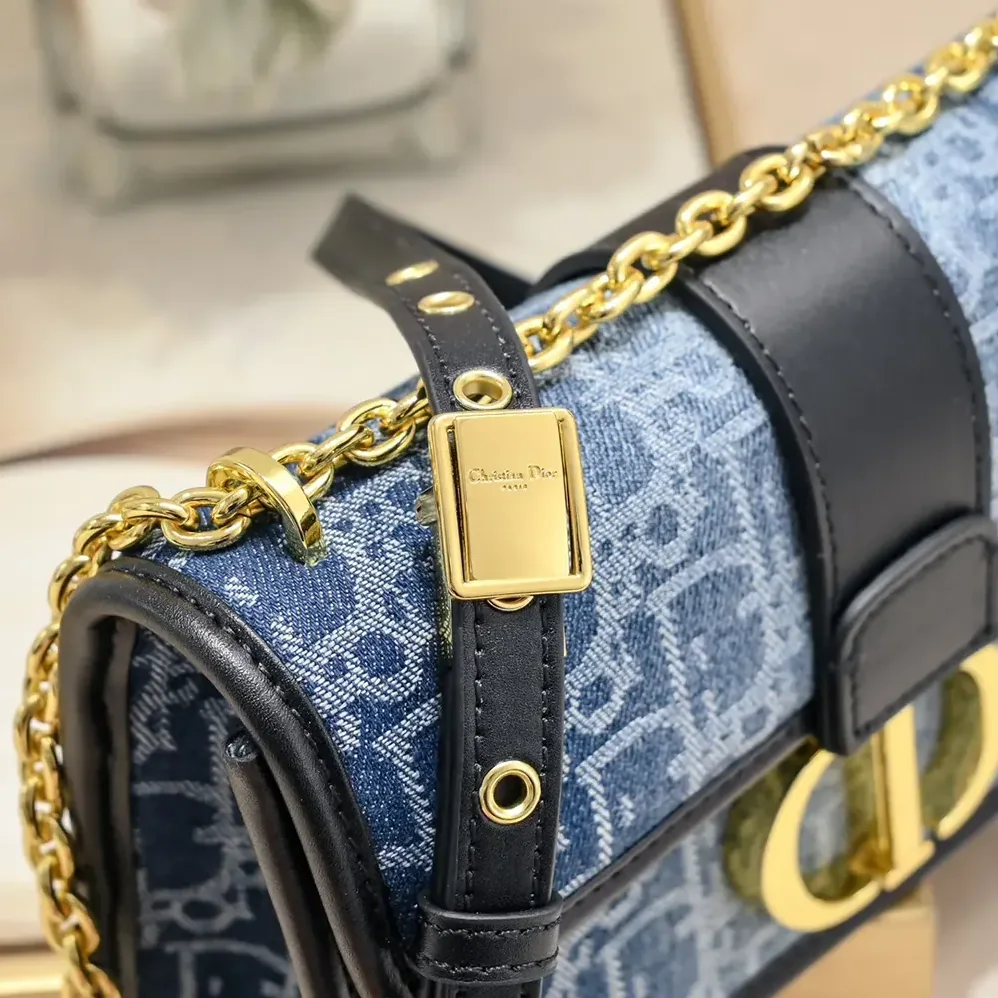 Dior 30 Montaigne East-West Bag with Chain Blue Denim Dior Oblique Jacquard for Women