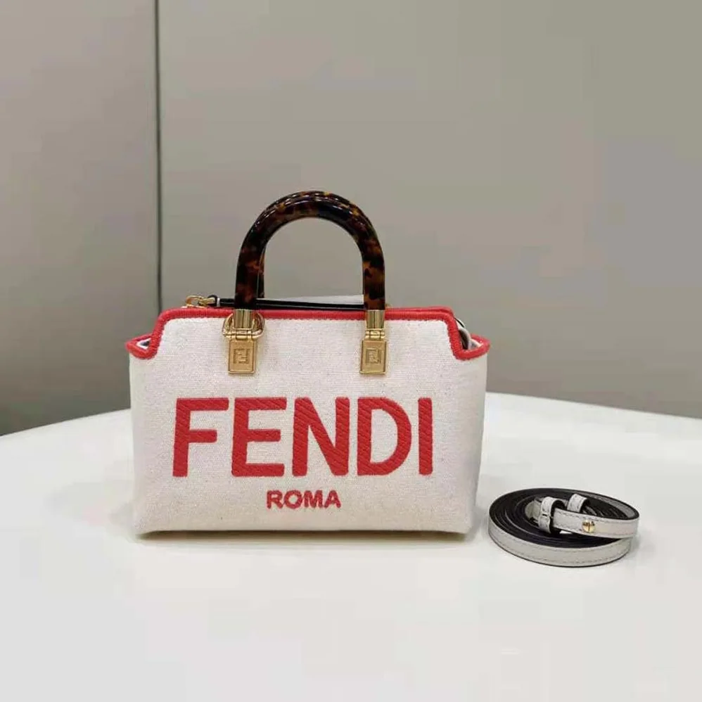 Fendi By The Way Mini Beige Canvas Small Boston Bag for Women Fendi By The Way Mini Beige Canvas Small Boston Bag for Women
