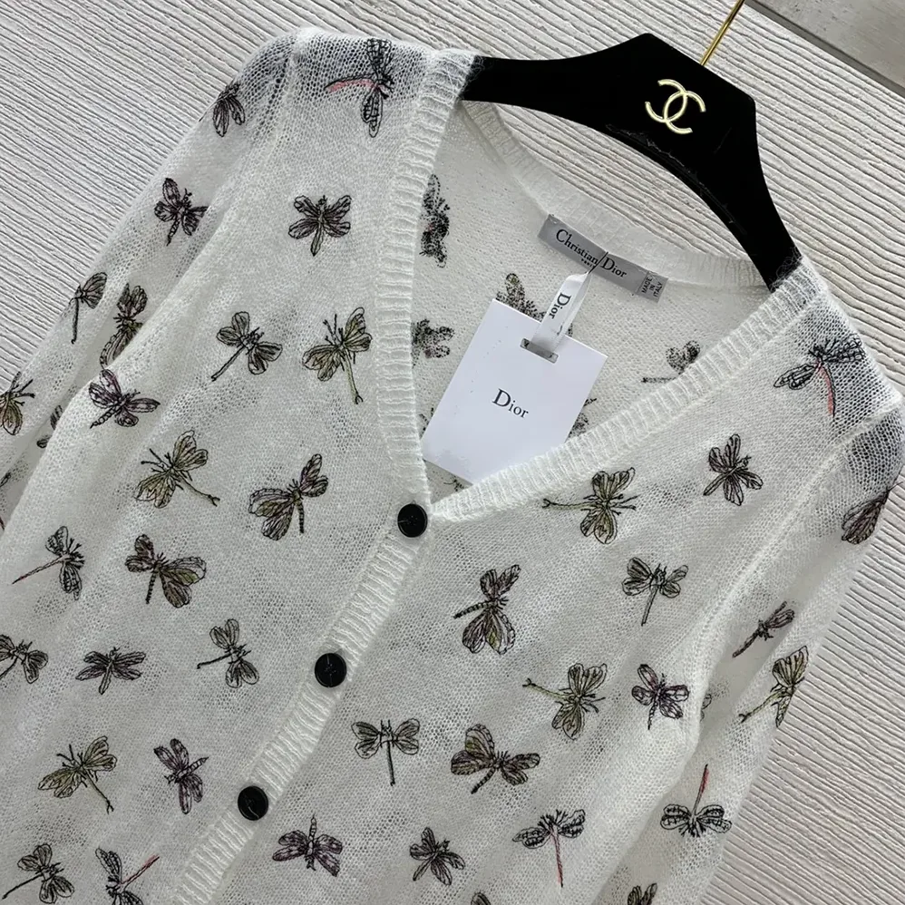 Dior Twinset White Mohair and Alpaca Blend Knit with Multicolor Dragonfly Motif for Women