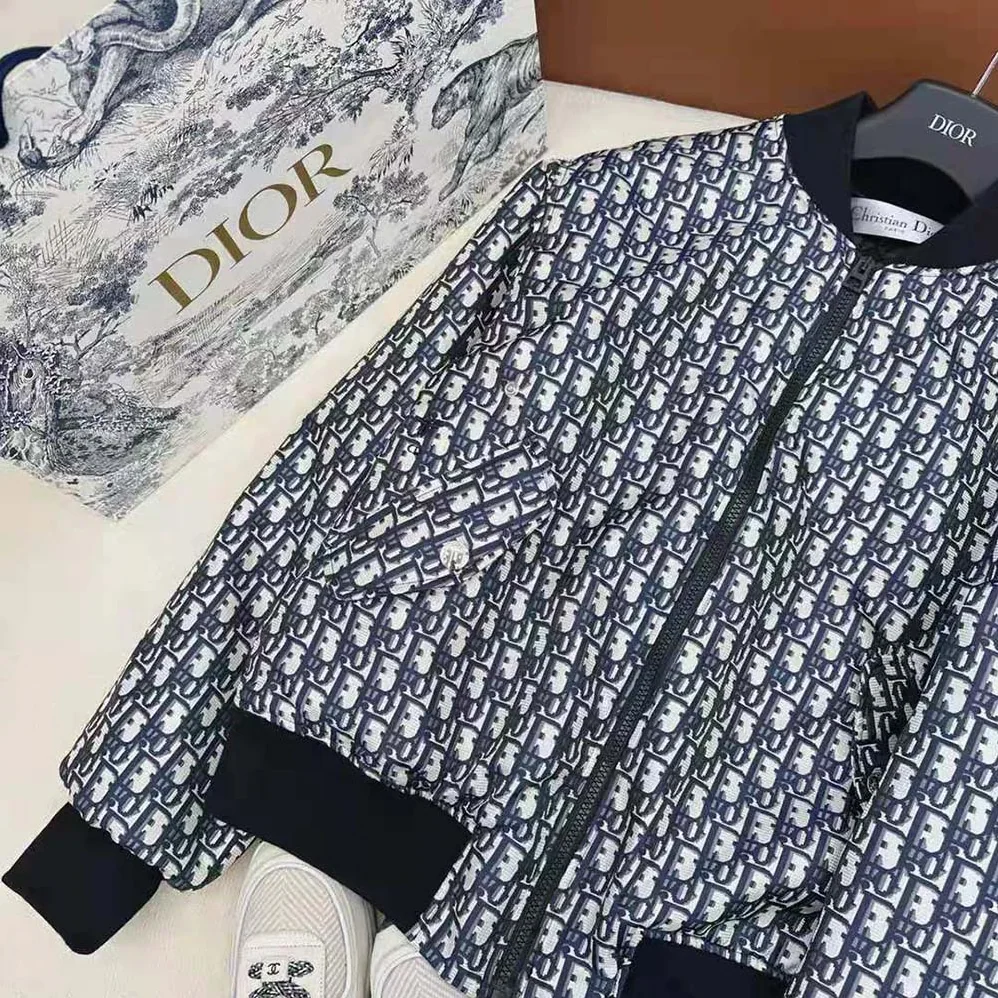 Dior Bomber Jacket with Criss Cross Collar Blue and Ecru Technical Taffeta Jacquard for Women Dior Bomber Jacket with Criss Cross Collar Blue and Ecru Technical Taffeta Jacquard for Women