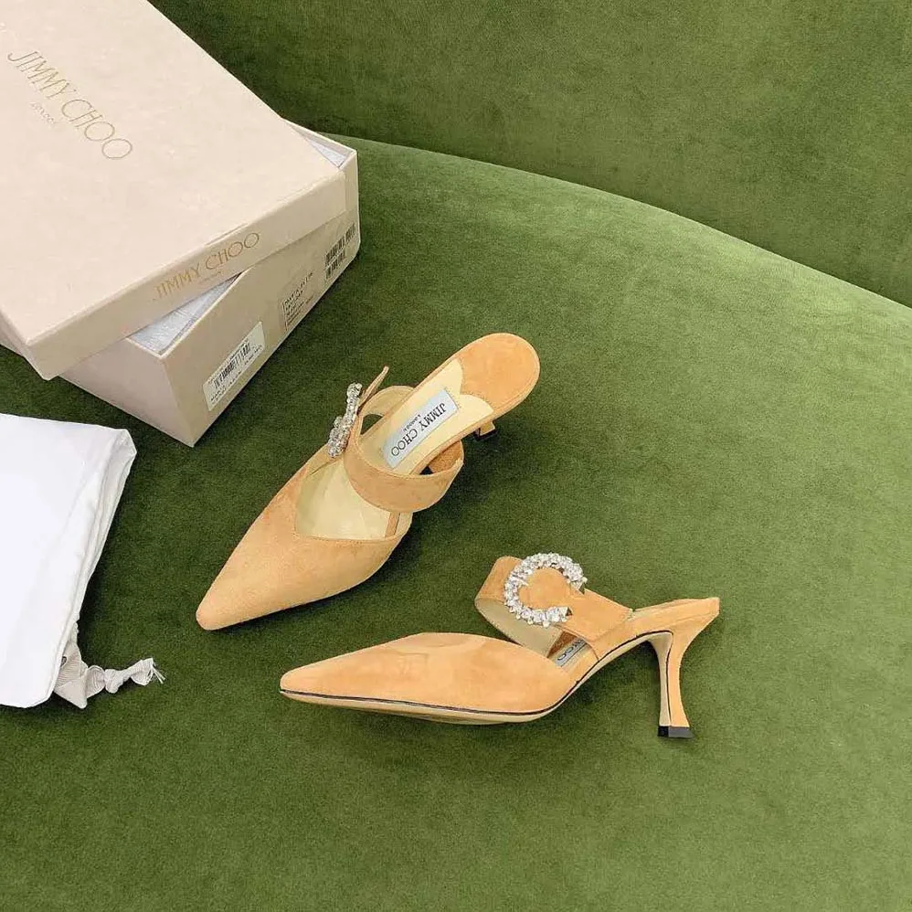 Jimmy Choo Marta 70 Caramel Suede Mules with Crystal Buckle for Women Jimmy Choo Marta 70 Caramel Suede Mules with Crystal Buckle for Women