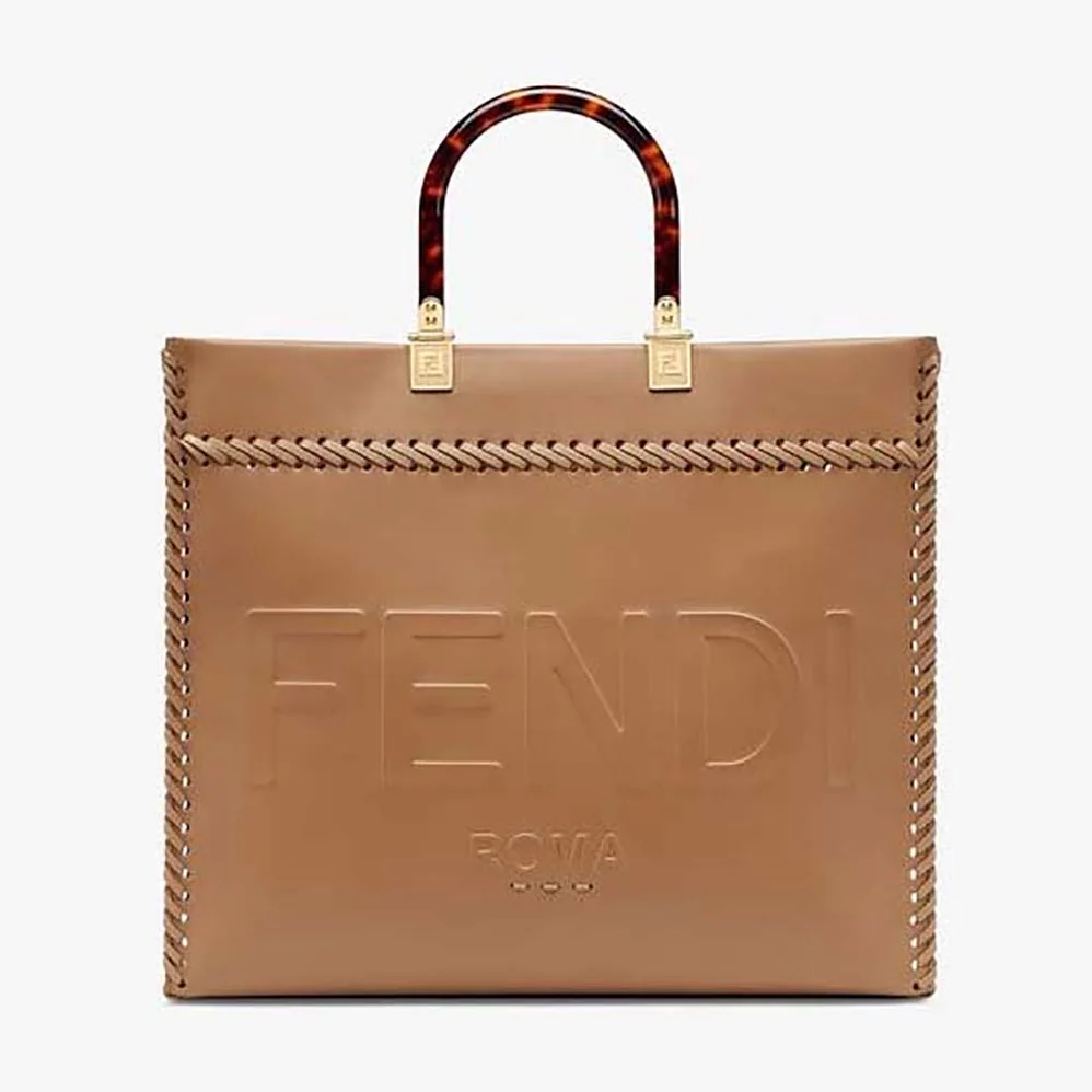 Fendi Sunshine Medium Brown Leather Shopper with Decorative Stitching for Women