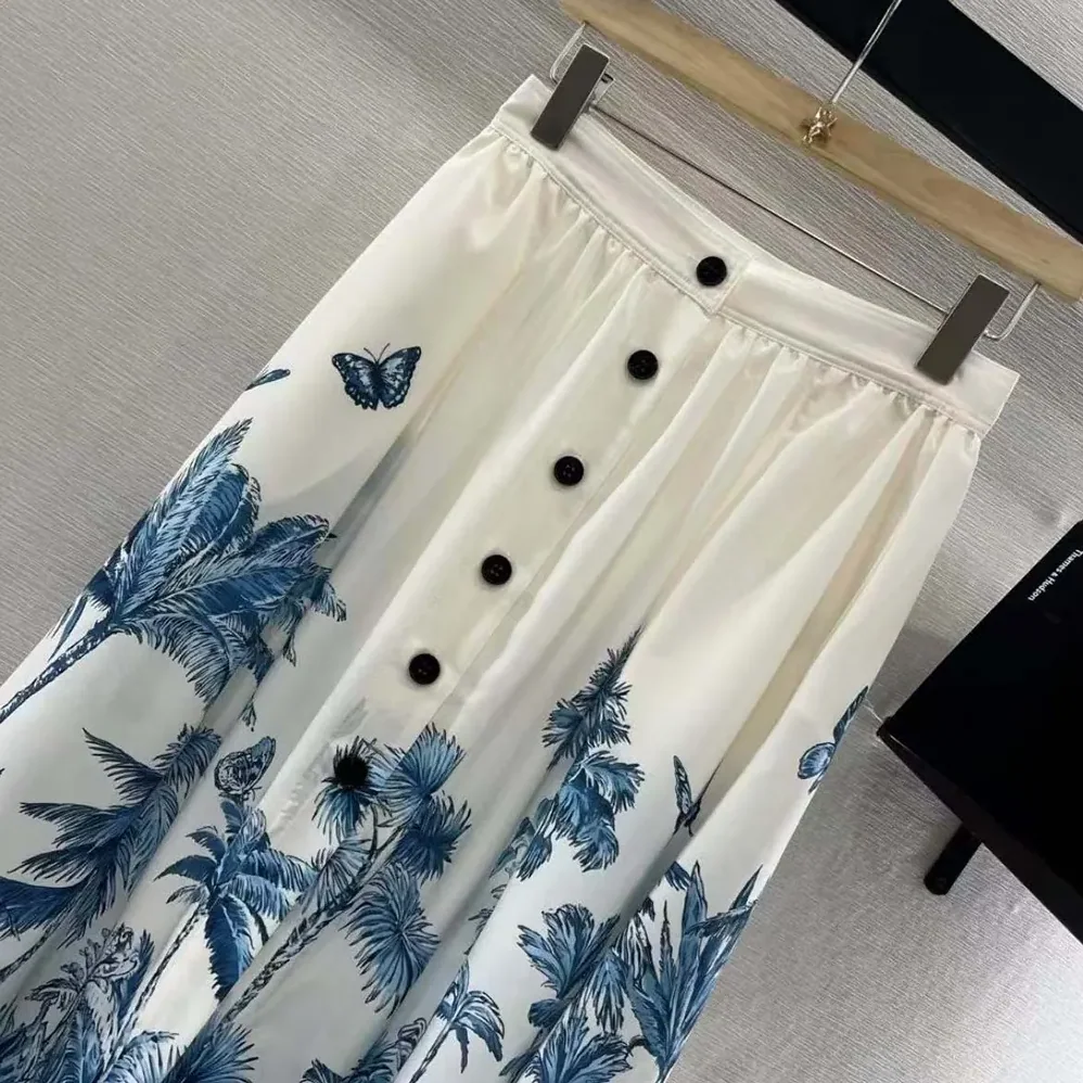 Dior Dioriviera Mid-Length Flared Skirt White and Blue Toile de Jouy for Women