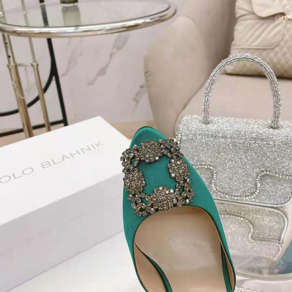 Manolo Blahnik Green Satin Jewel Buckle Mules for Women Manolo Blahnik Green Satin Jewel Buckle Mules for Women