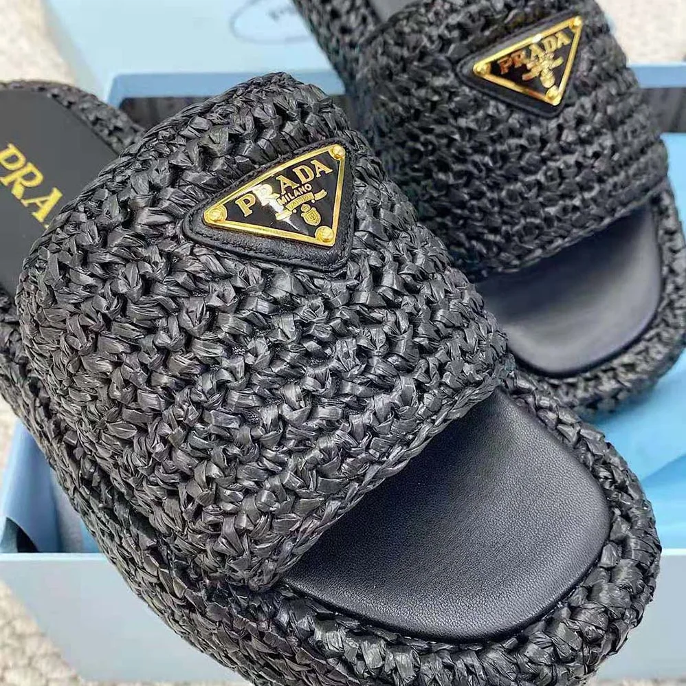 Prada Crochet Flatform Slides with Enameled Metal Triangle Logo for Women in Black Prada Crochet Flatform Slides with Enameled Metal Triangle Logo for Women in Black